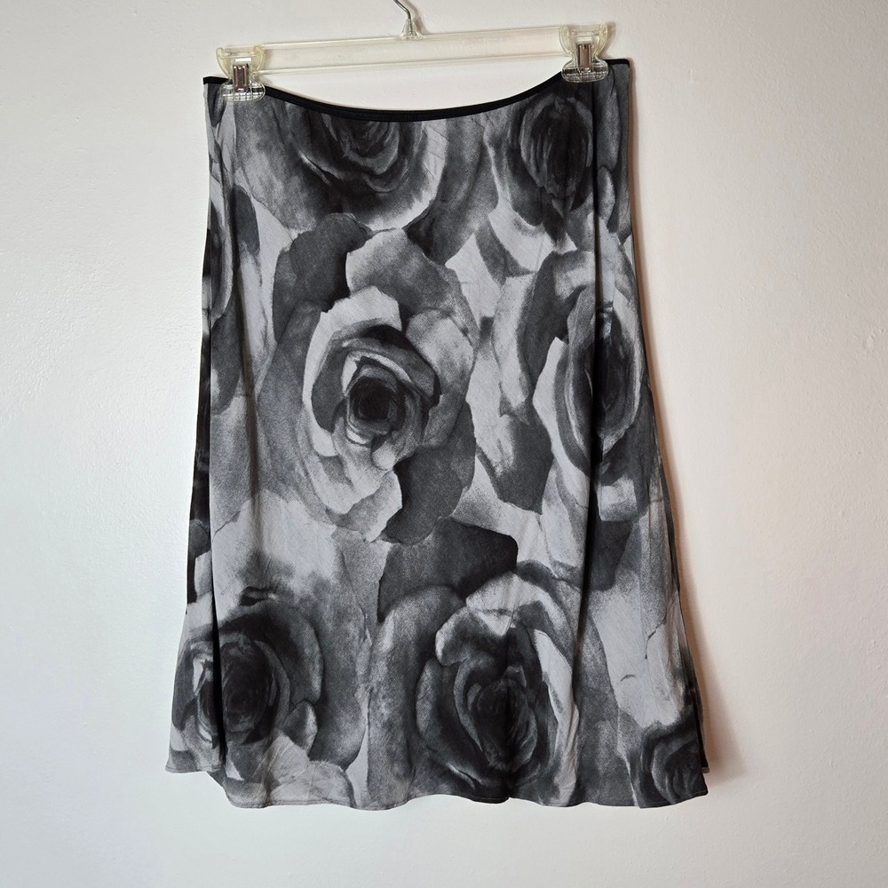 Bice Womens Grey Black Rose Floral Print Rayon‎ Midi A-Line Skirt Size L